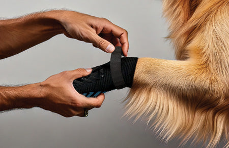 Human hand gently securing a Steady Paws anti-slip dog sock with a Velcro strap—easy application for senior dog paw protection.