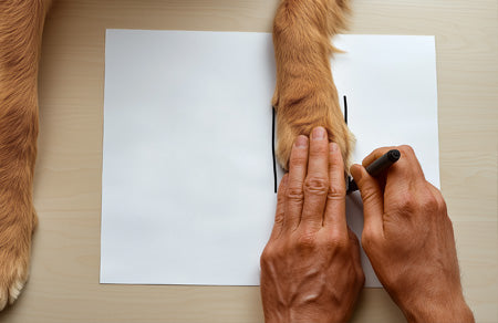 Close-up of a paw measurement process to find the correct Steady Paws sock or grip size for senior dogs.