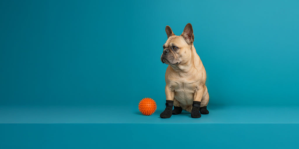 A senior french bulldog sits against a turquoise studio background on a platform of the same color. The dog is looking to the left. It is wearing black dog socks with velcro straps and has an orange spikey ball on its left.