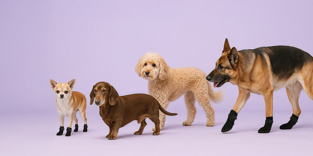 There is a purple studio background with 4 dogs walking: a chihuahua with black dog socks on, a dachshund, a larger cavoodle and a german shepard also with black dog socks on.