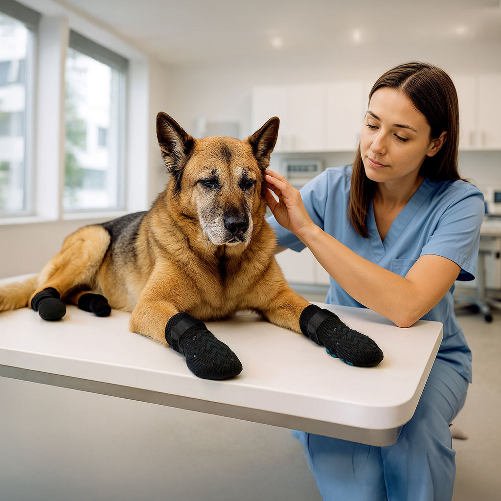 A senior German Shepard wearing Steady Paws Anti-Slip Dog Socks sitting on a vet table being seen by a female vet with brown hair wearing blue scrubs. The vet room is blurred in the background. 