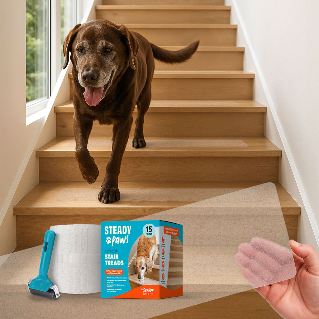 A dark brown senior dog walking down wooden stairs with clear stair treads. In the foreground there is a hand holding a clear stair tread so you can see the level of transparency and texture of the stair tread, as well as the packaging & stair tread box inclusions such as a roll of stair treads and a rubber application roller.