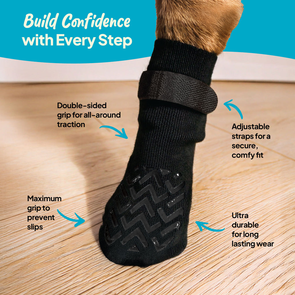 Steady Paws Anti-Slip Dog Socks: Build Confidence with Every Step. Features: Double-sided grip for all-around traction,Adjustable straps for a secure comfy fit, Ultra durable for long lasting wear, Maximum grip to prevent slip