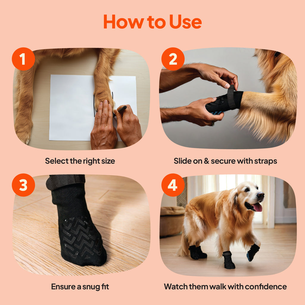 How to use Steady Paws Anti-Slip Dog Socks: measure paw size, slide on with adjustable straps, ensure snug fit, and observe confident walking.