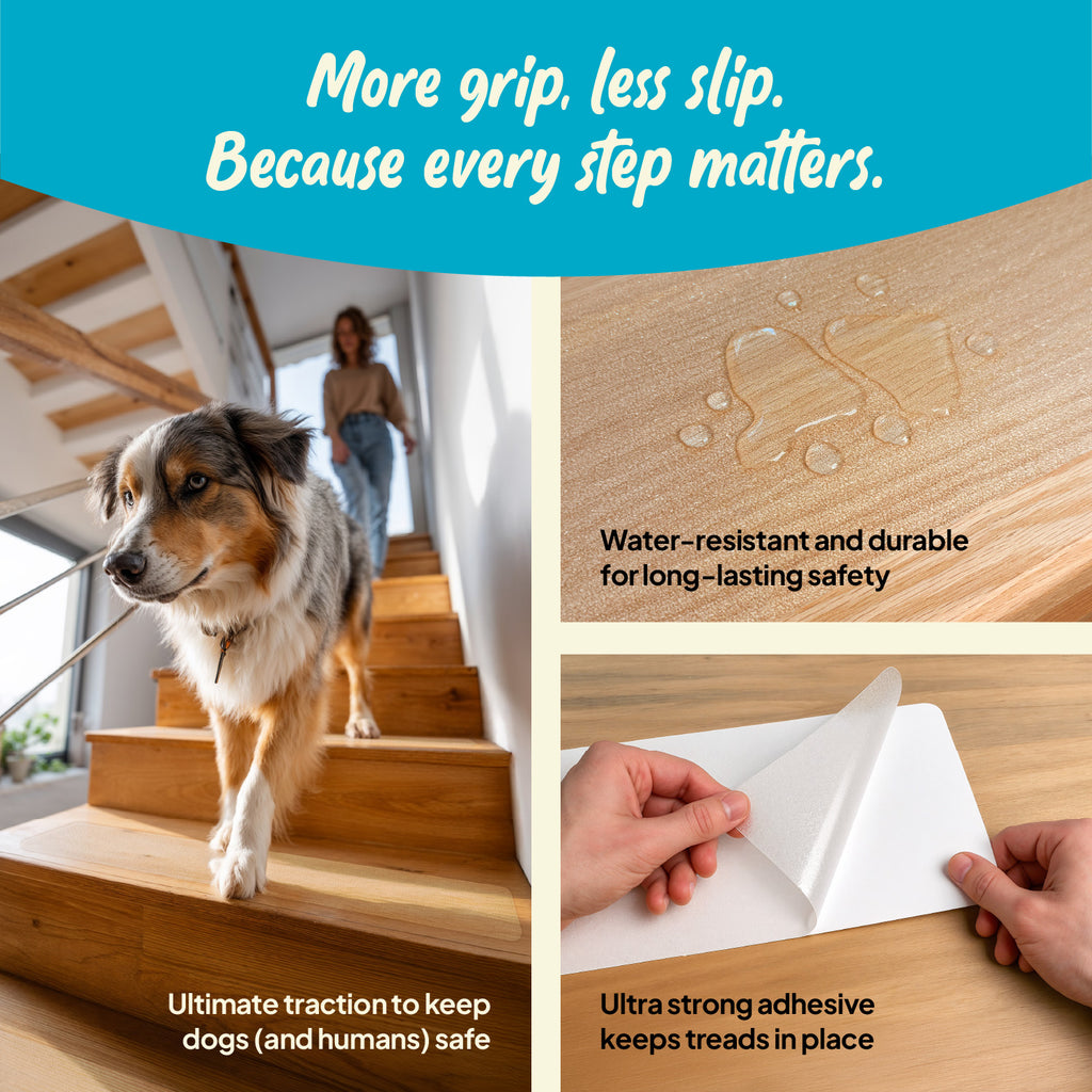 Steady Paws stair treads infographic showing benefits like ultimate traction for dogs, water-resistant surface, and strong adhesive for lasting grip.