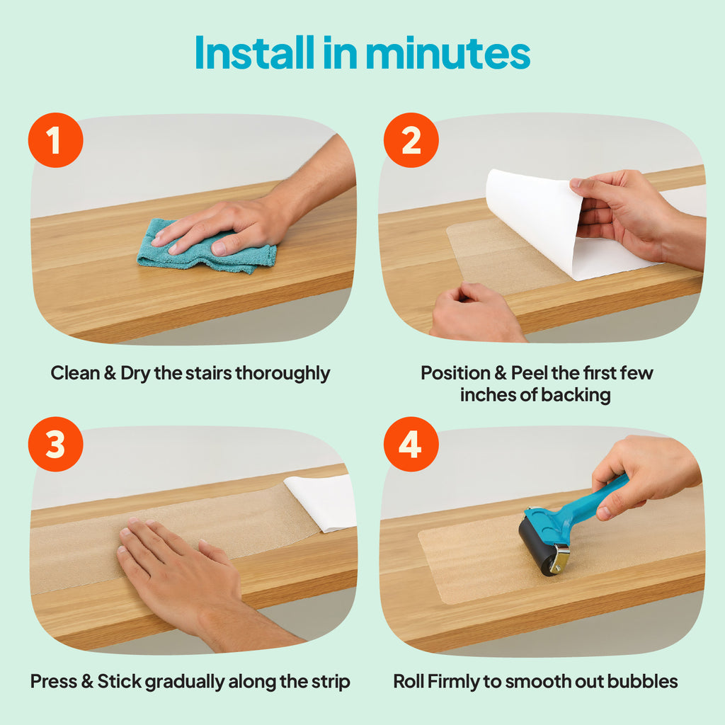 Step-by-step guide showing how to clean, peel, press, and roll Steady Paws stair treads for easy and secure installation.