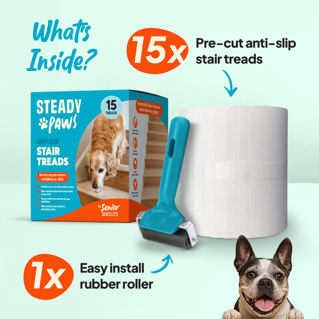 Picture shows the Steady Paws Anti-Slip Stair Treads box and what comes inside it: 15 x Pre-cut anti-slip stair treads in a roll and 1 x Easy install rubber roller. There is a small senior bull dog in the bottom right corner with it's tongue sticking out.