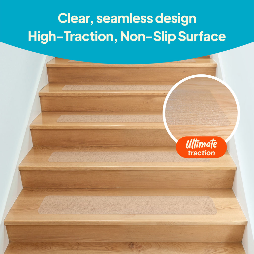 Wooden staircase with clear, seamless Steady Paws non-slip treads installed for high-traction and pet safety.